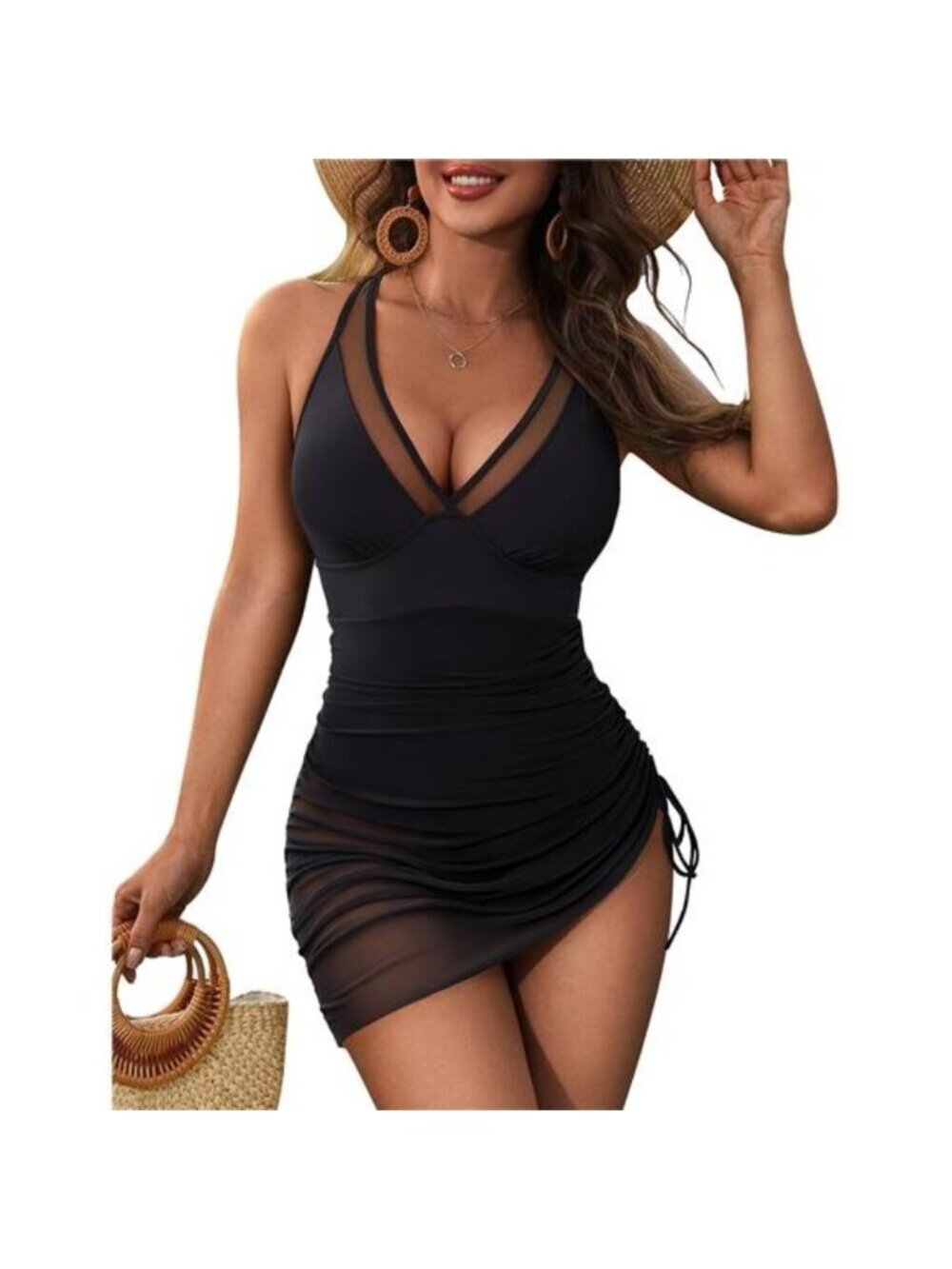 Women's One Piece Swim Dress Tummy Control Sheer Sarong Wrap Swimsuit